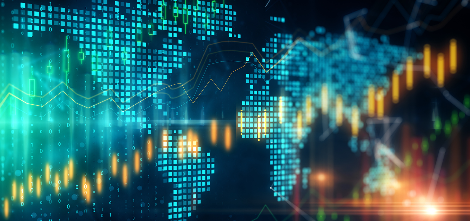 neon trading charts over the world map visualization